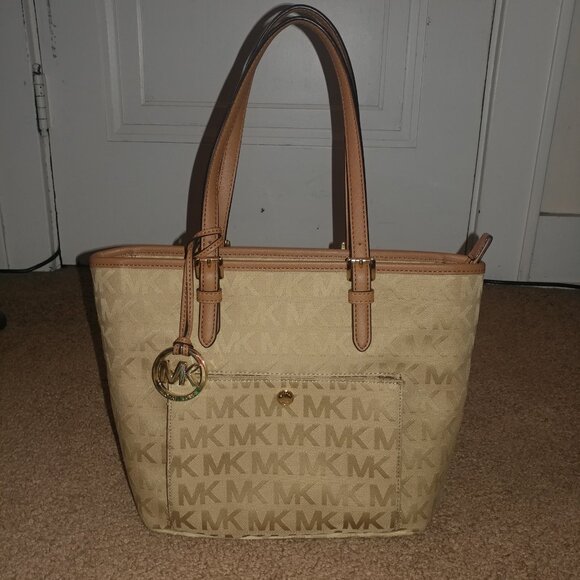 Michael Kors Tan MK Logo Canvas Shoulder Bag W/Brown Leather Trim - Medium Sized - Picture 2 of 15